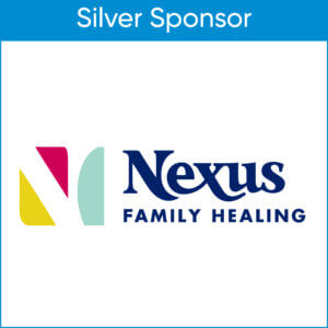 Square outlined in blue with blue bar on top white words denoting silver sponsor. Inside the box is the logo for Nexus Family Healing