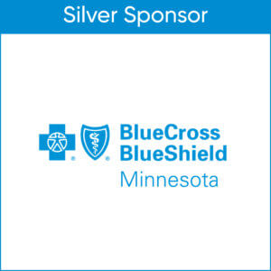 Square outlined in blue with blue bar on top white words denoting silver sponsor. Inside the box is the logo for BlueCross BlueShield Minnesota
