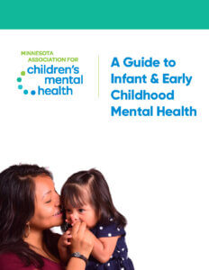 Screenshot of the cover of "A Guide to Infant & Early Childhood Mental Health." The book name is in blue text on a white background next to the Minnesota Association for Children's Mental Health logo. In the bottom left is a picture of an adult holding a child. They're holding hands and smiling.
